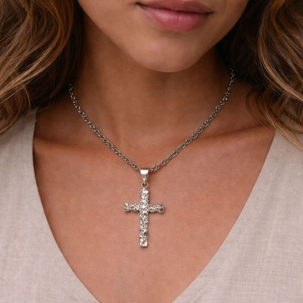 Sterling Silver 925 Cross Pendant Necklace - Sparkly Stone Accents - 18" Chain